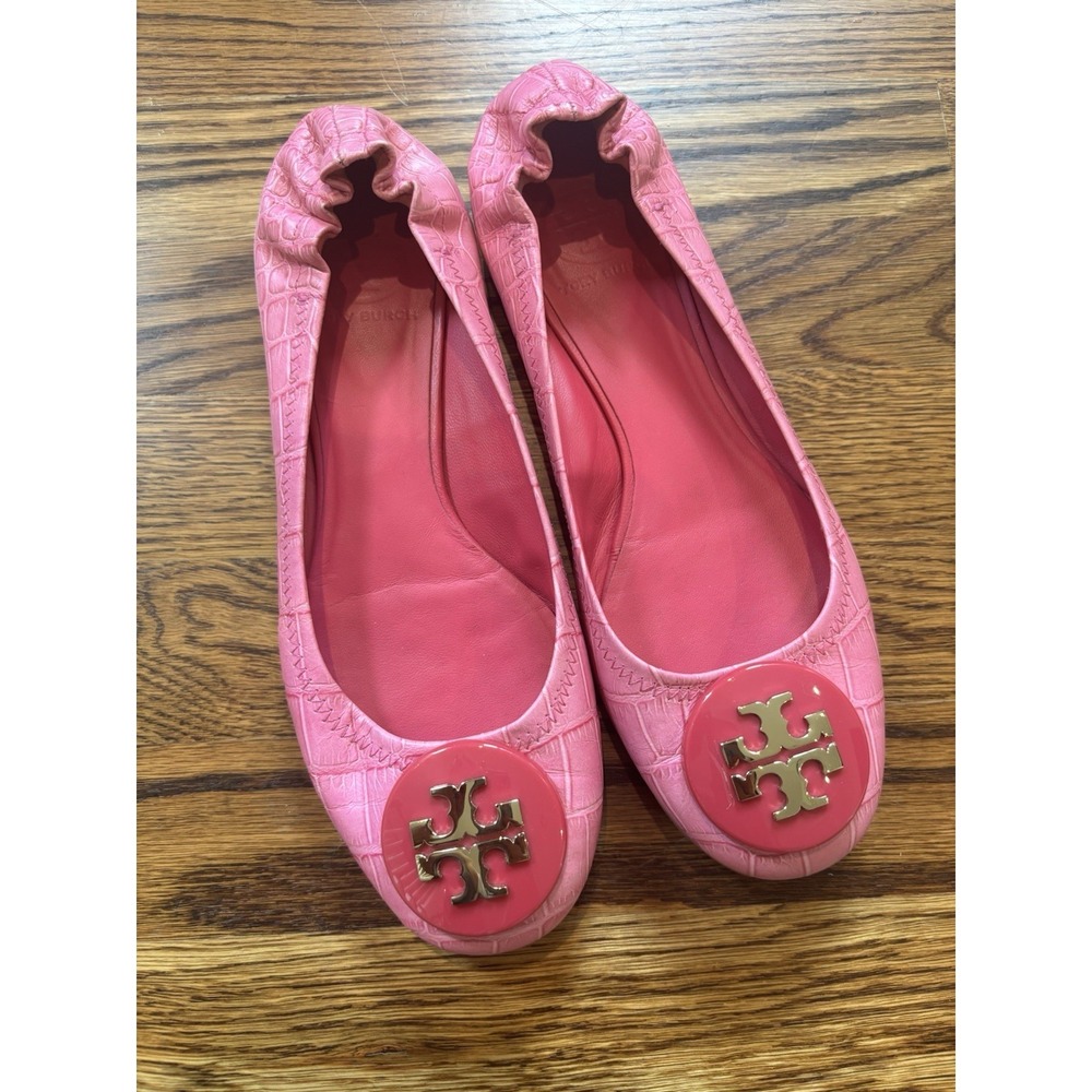 Tory Burch Minnie Travel Pink Ballet Flats Logo Size 8 Croc Embossed